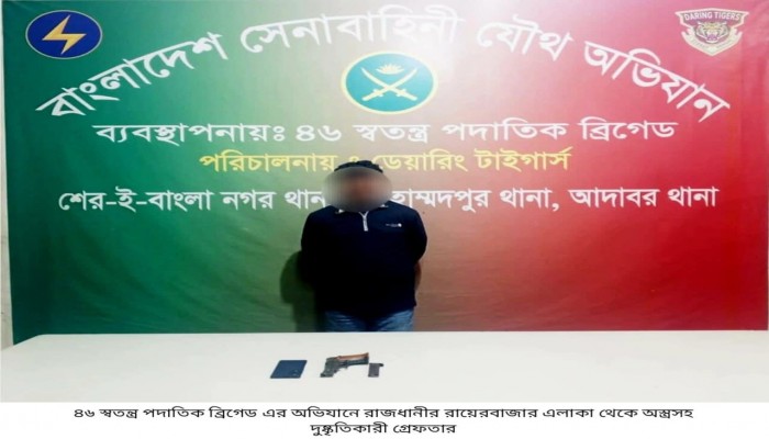 রায়েরবাজারে যৌথ বাহিনীর অভিযান: পিস্তলসহ যুবক গ্রেপ্তার।
